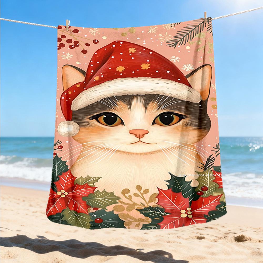 1pc Christmas Cat Decorations Outdoor Flannel Blanket , Machine Washable Perfect Gift for Birthday , Holiday Travel Accessory , Durable Material