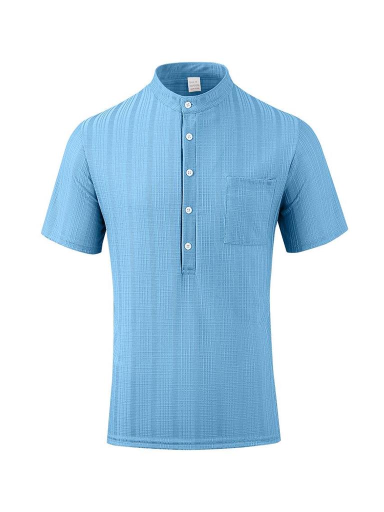 2025 Spring/Summer Men's Stand-Up Collar Short-Sleeve Henley Shirt - Loose Casual Vacation Style