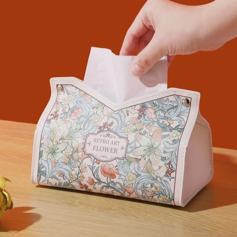 Lehká luxusní kožená krabička na kapesníky - elegantní design olejomalby pro bytové dekorace