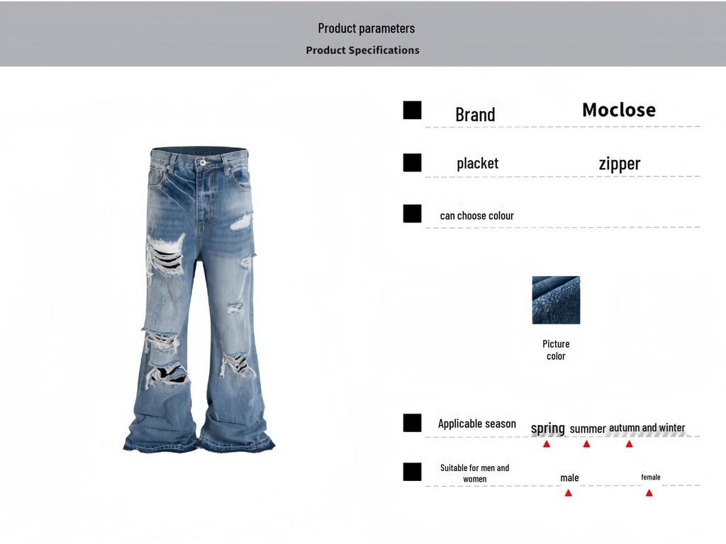 Moclose Retro Washed Cat Whisker Ripped Micro Flare Wide-Leg Jeans Unisex