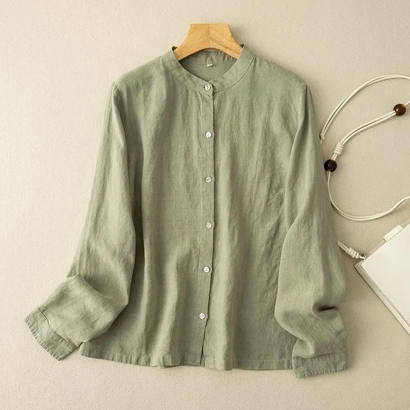 Spring and Summer Retro Loose Cotton Linen Long Sleeved Shirt for Women Item Round Neck Mid Length Shirt Jacket