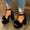 Fashion Woman Furry Sandals High Heels with Fur Female Platform Pumps Women Ankle Strap Women's Wedge Shoes 2025 Summer