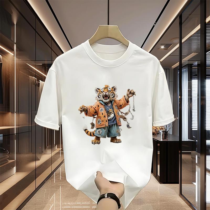 

2025 Summer Men s Casual Short Sleeve Solid Color Tiger Printing Trendy Cotton Large Size Versatile Crew Neck T-Shirt Soft Top 4XL