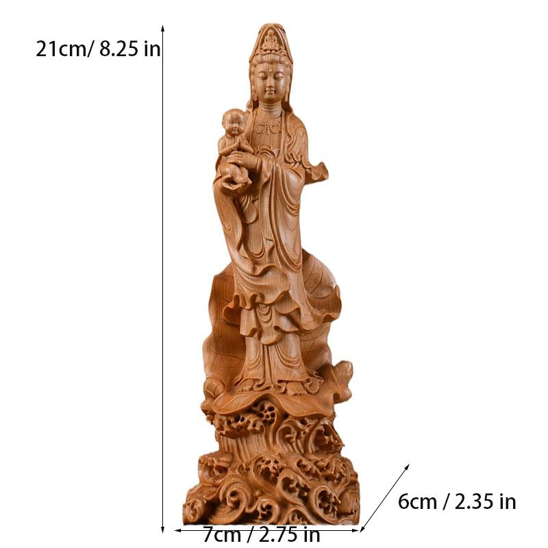 Natural Cypress Sending Son Guanyin Statue - Chinese Buddhist Character Statue Solid Wood Carving Feng Shui Room Ornaments 21cm