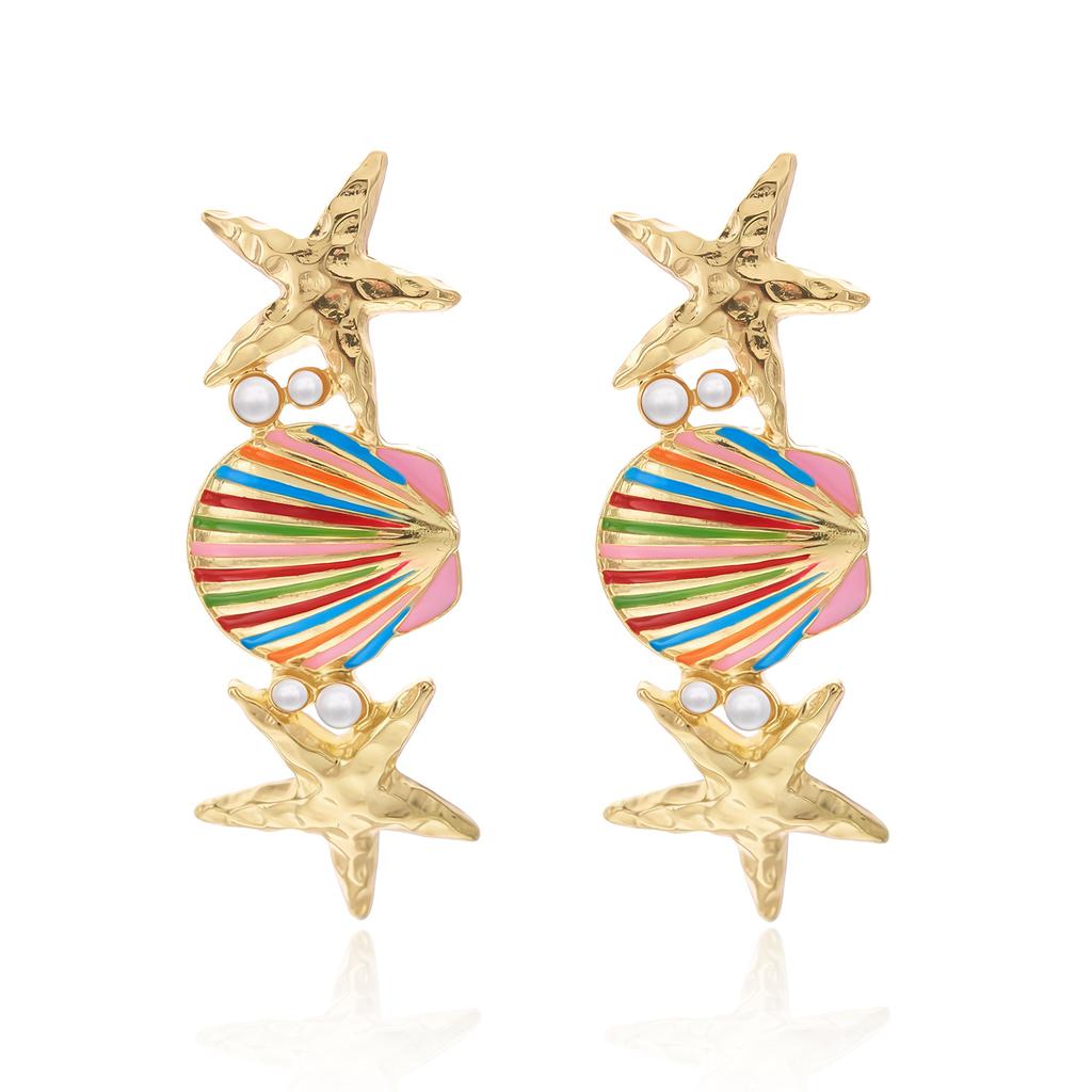 Colorful Enamel Shell Conch Starfish Imitation Pearl Earrings Ocean Style Vacation Accessory Women's Fashion Trend