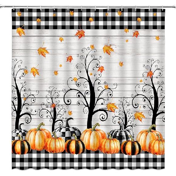 Autumn Pumpkin Shower Curtain Rustic Fall Maple Leaves Black White Buffalo Check Plaid Farmhouse Rustic Fabric Home Bathroom Decor Set with Hook(70 47 W x 70 L (Pack of 1)