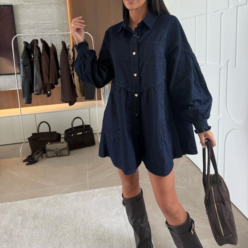 BITCED Fashion Spring Autumn Solid Color Print Long Sleeve POLO Neck Casual Dresses