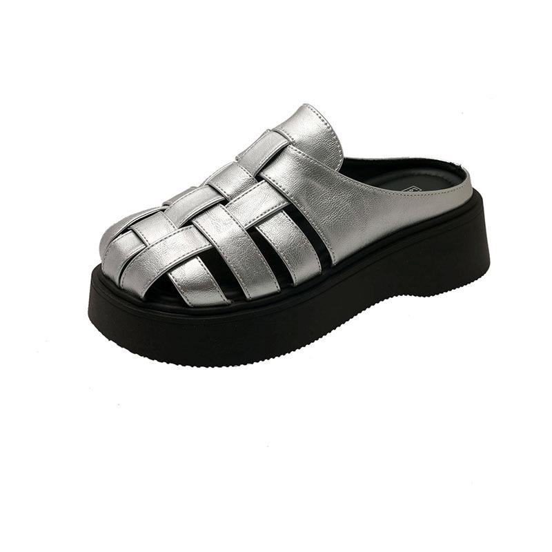 Baotou Half Slippers Women's Summer New Outer Wear Woven Hollow Muller Shoes Square Head Retro Maillard Roman Women's Sandals