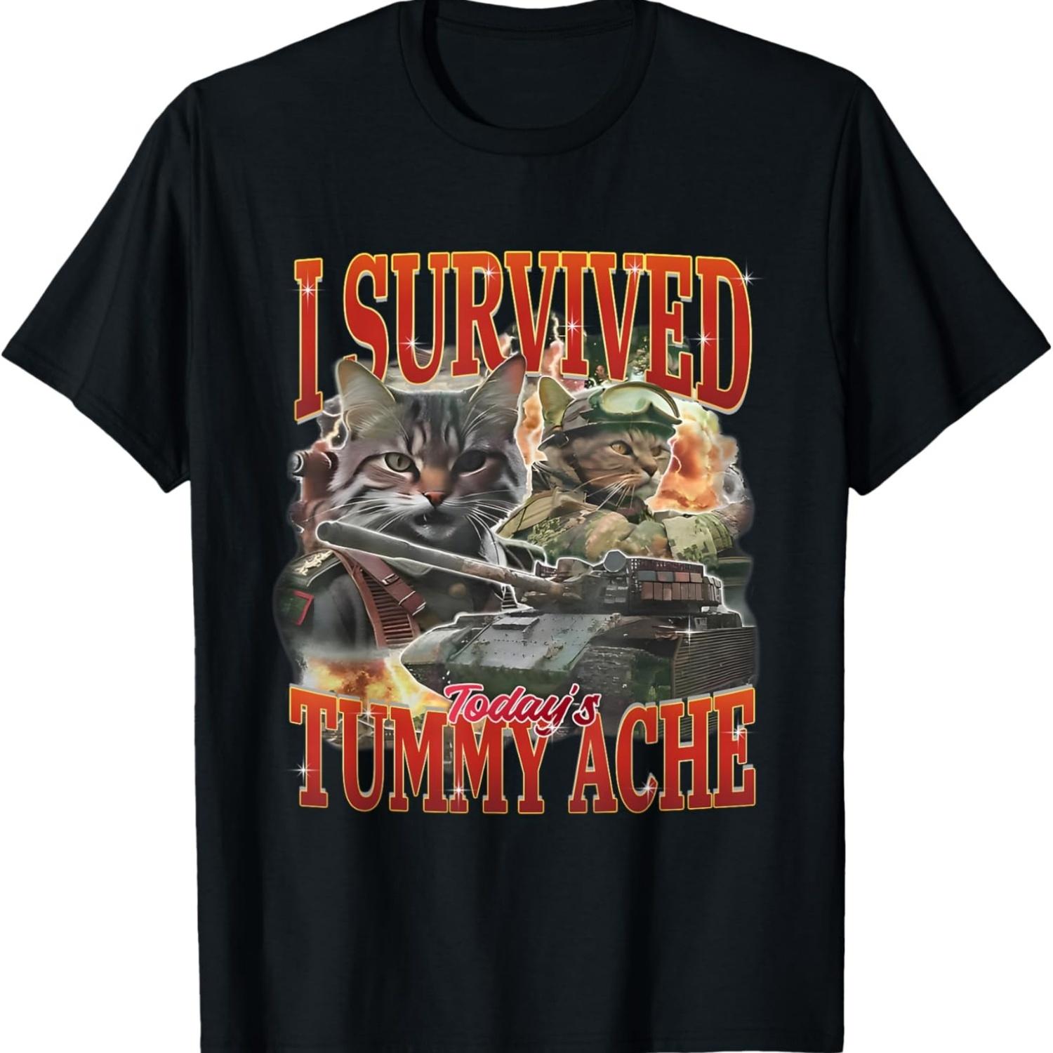 I Survived Today s Tummy Ache Sarcastic Cat Meme Vintage T-Shirt for Men Women S чёрный