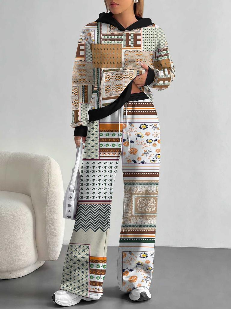 Retro Pattern 1116 European and American Autumn and Winter Casual Long-sleeved Suit Women's Hooded Sweater Trousers Two-piece Set