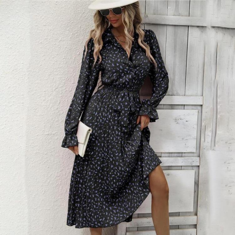 Women Autumn Winter Casual Long Sleeve V-neck Floral Print A-Line High Waist Ankle Length Dress