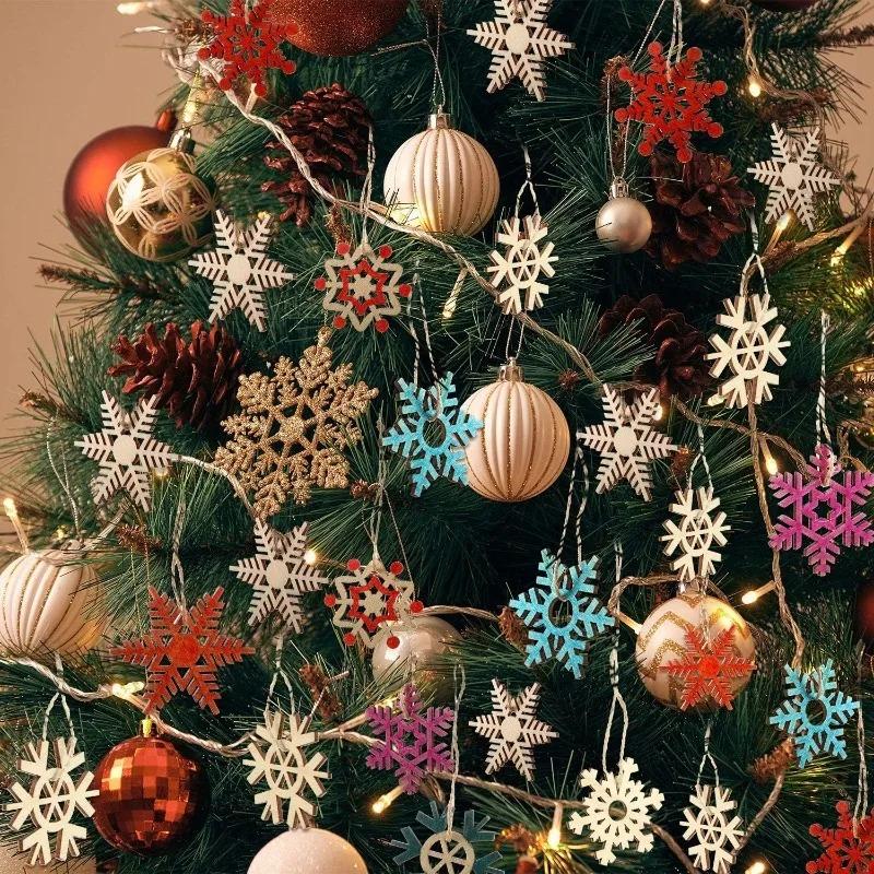 10pcs/lot Christmas Unfinished Wooden Snowflake Ornaments Snowflakes Hanging Cutouts Slices with Cord Craft for Xmas Decor