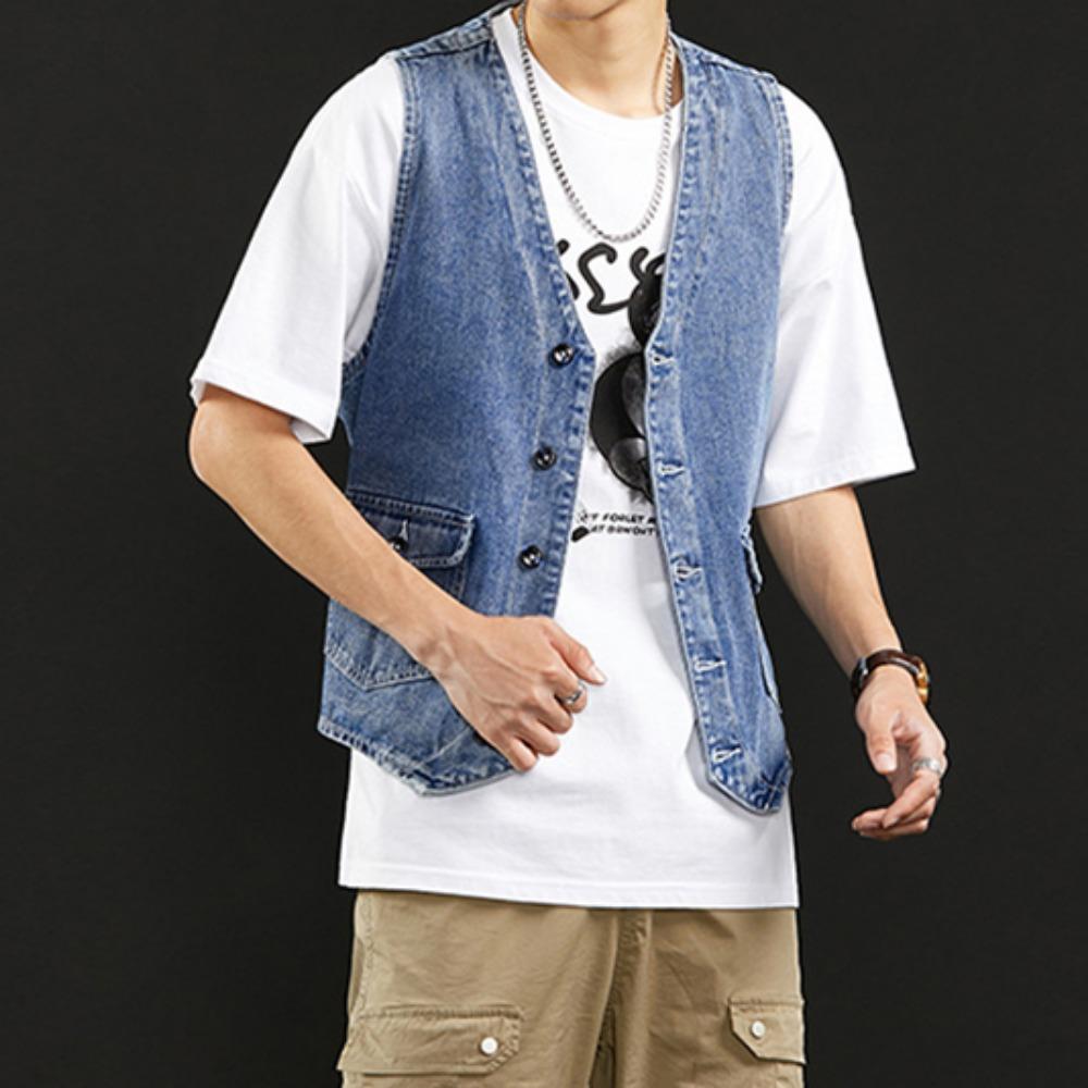 Sommer Neue Jeansweste Männer Japanischen Lässig Lose Gewaschen Alt Ärmellose Mantel Mode Einfarbig Kragenlose Jeansjacke