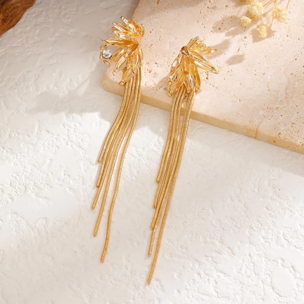 Luxury Temperament Stainless Steel Petal Leaves Tassel Zircon Dangle Earrings for Women Exaggerated Banquet Dress Jewelry Gifts