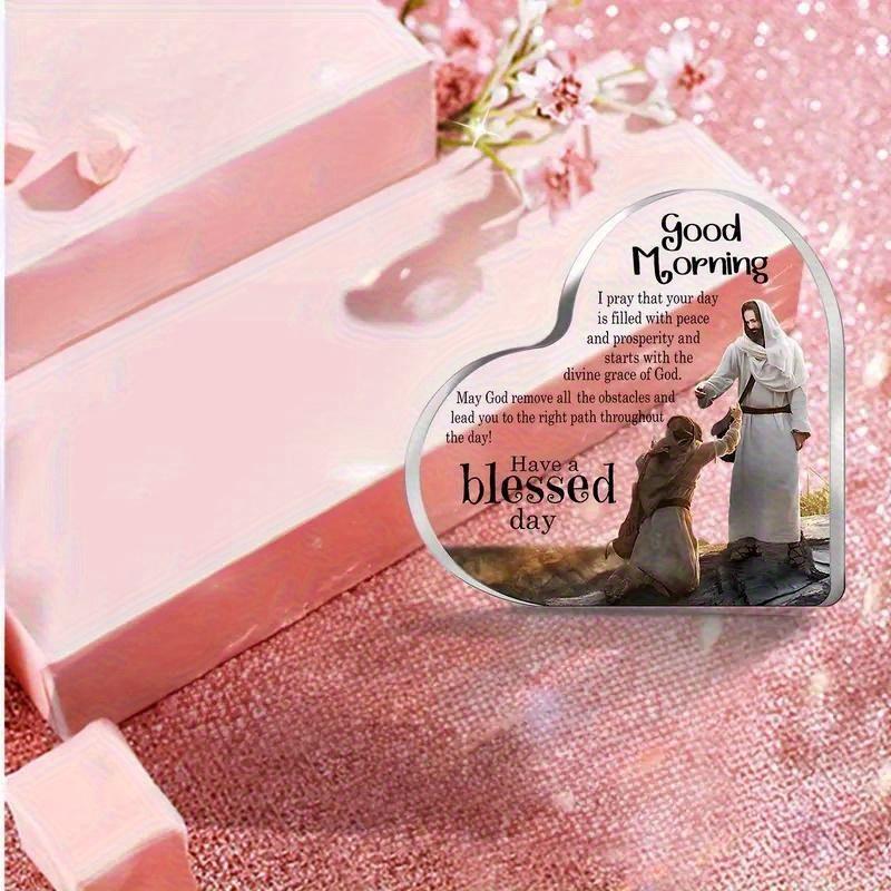 2D Platt, "God Morgon Välsignelse" Akryl Hjärtformad Kristet Gåva Skrivbordsdekoration Plakett, Lämplig för väggdekoration, veranda, rum, villa, acce