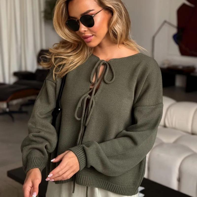 Women S Loose Knit Long Sleeve Round Neck Tie Cardigan Sweater