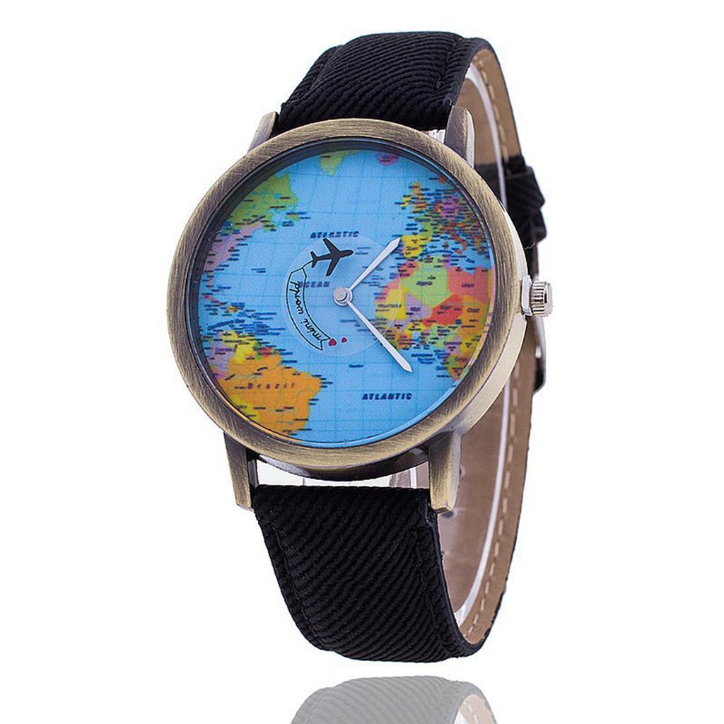 Fashion Retro Belt Quartz Watch Airplane Second Hand Map Watch Unisex