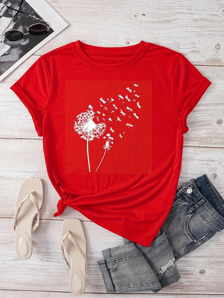 Dandelion Print Crew TShirt Casual Short Sleeve TShirt Spring Summer Clothing Womens Tshirt Clothing Street Aesthetic Clothes