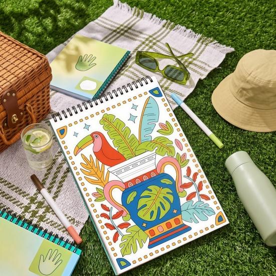 Stress Relief Coloring Activity Trace-By-Groove Guided Book, Clear Artistic Printing with 20 Decorative Double Sided Marker Pen Set Scenes And