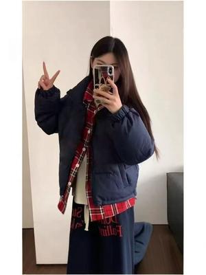 Short Cotton-padded Clothes Women's Winter New Plaid Splicing Bread Clothes Thickened Warm Fashionable Versatile Cotton-padded Jacket