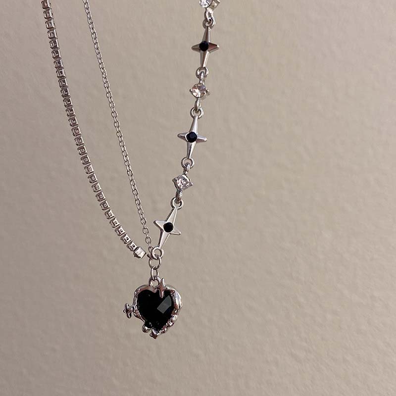 

New Black Zircon Heart Love Pendant Necklace for Women Fashion Sweet Asymmetric Star Clavicle Chain Necklace Aesthetic Zircon чорний
