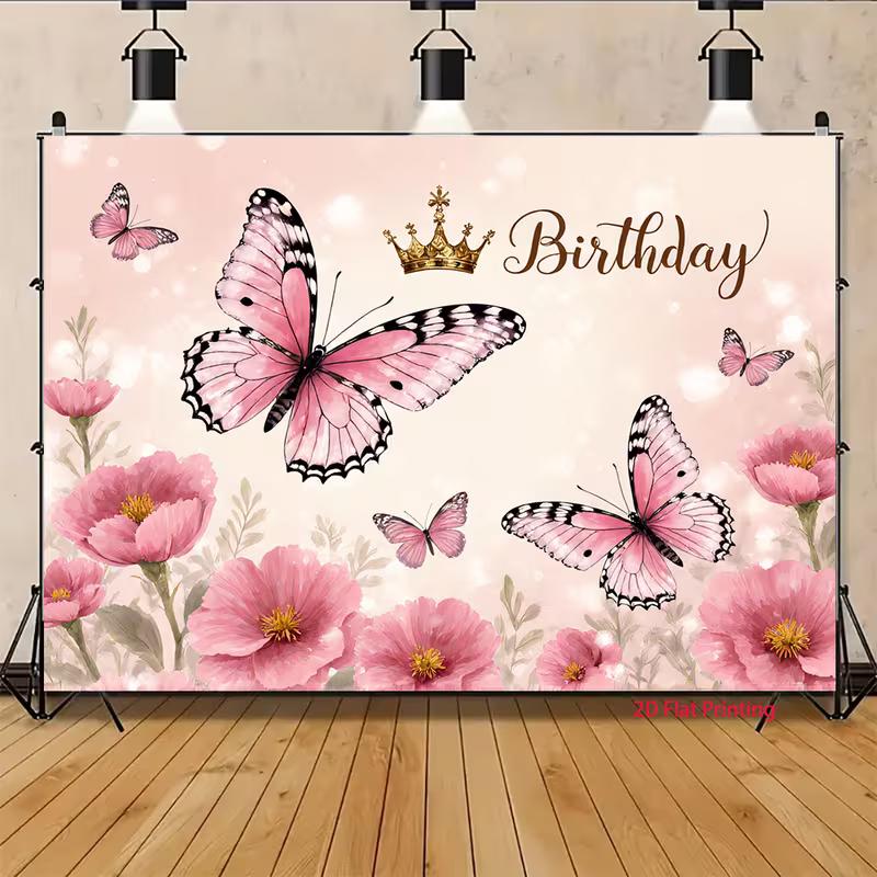 2D Princess Birthday Backdrop Pink Butterflies & Golden Crown Party Background Cloth