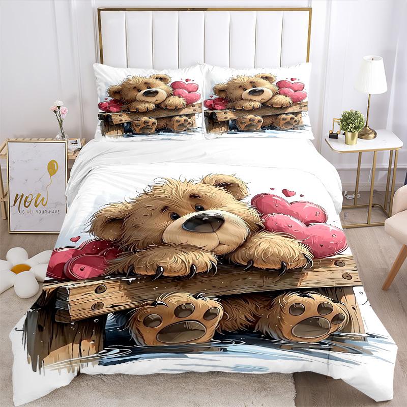 3pcs Anime Teddy Bear Bedding Set - Includes One Quilt Cover and Two Pillowcases (No Core) - Polyester Fabric - Perfect for Bedroom and Gues