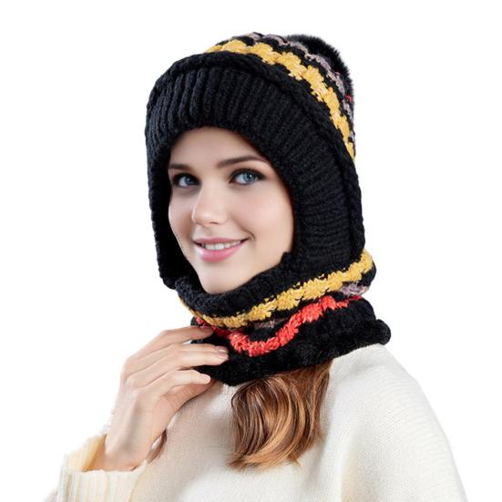 Women Hat with Long Scarf Full Face Guard Warm Knit Thermal Fleece Winter Ski Hat Patchwork Color Plush Ball Decor Cold Weather Headgear