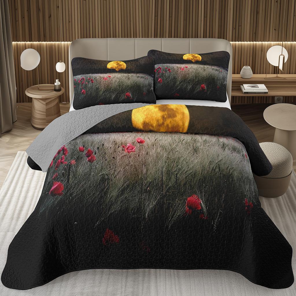 Sunset Scenery Bedspread Queen/Full Natural Landscape Quilted Coverlet 2/3Pcs Reversible Grey Bedding Set for Boy Girl Room Dorm