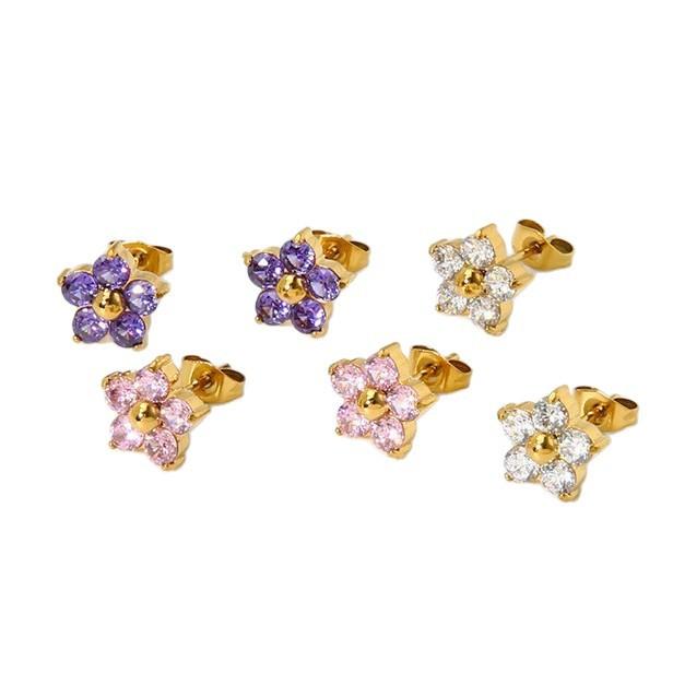 European and American Exquisite Sweet Pink White Purple Zircon Inlaid Flower Stud Earrings Plated with 18k Gold Stainless Steel Diamond Mini Earrings