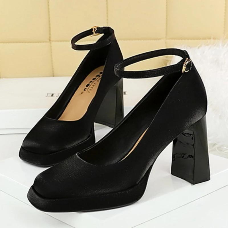 Fashion HOT Woman Pumps Autumn Thick Silk Satin 9CM High Heels Shoes OL High-heeled Female The Trend of Ultra High Heels Female Shoes
