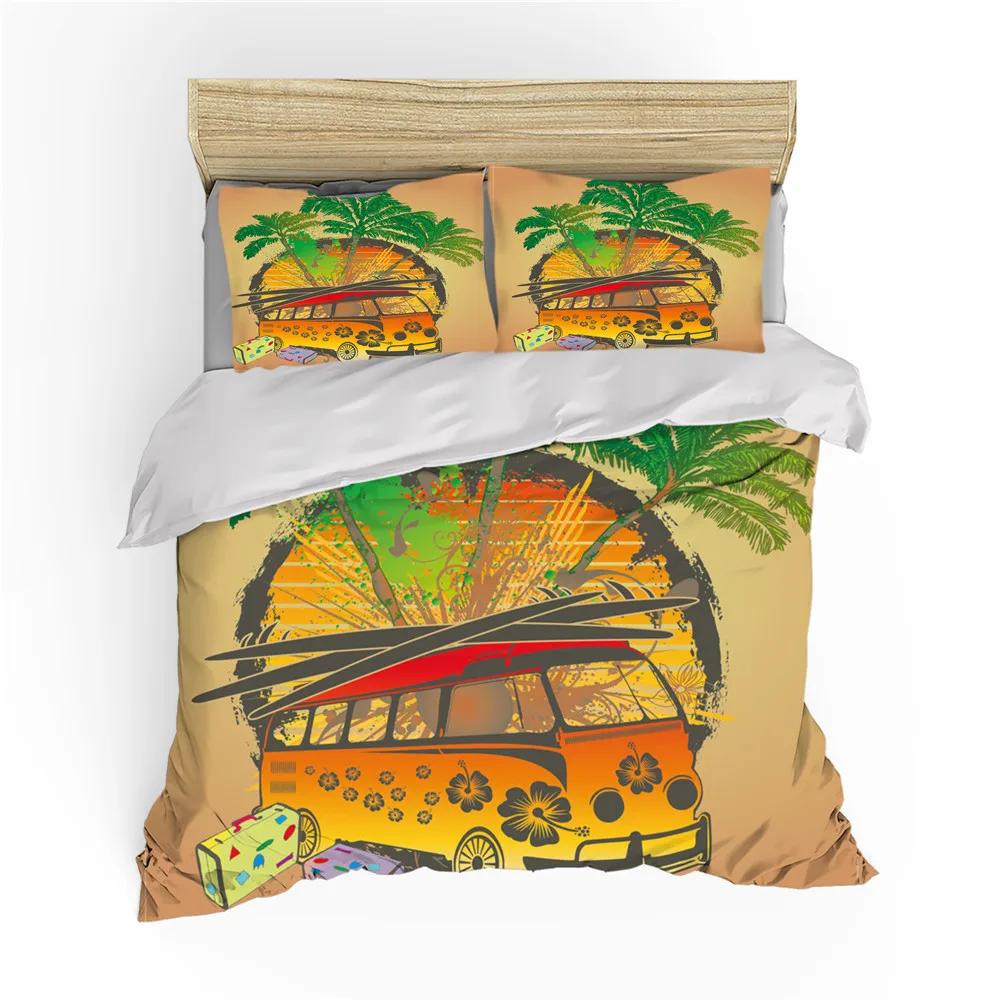 

Surf Duvet Cover Hippie Classic Old Bus Surfboard Freedom Holiday Exotic Life Sketchy Art Yellow Orange Room Decor for Women Men 70x133cm 2pcs