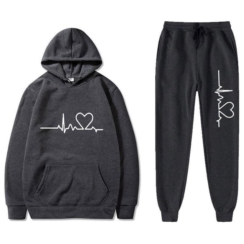 Unisex Oversized Hooded Sweatshirt Set With Heart Print Fleece Lined Casual Sportswear Fall