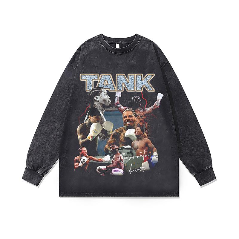 Hip Hop Rap Portrait Print Vintage Washed Long Sleeve T-Shirt Fall And Winter Loose Cotton Crew Neck Base Shirt For Men