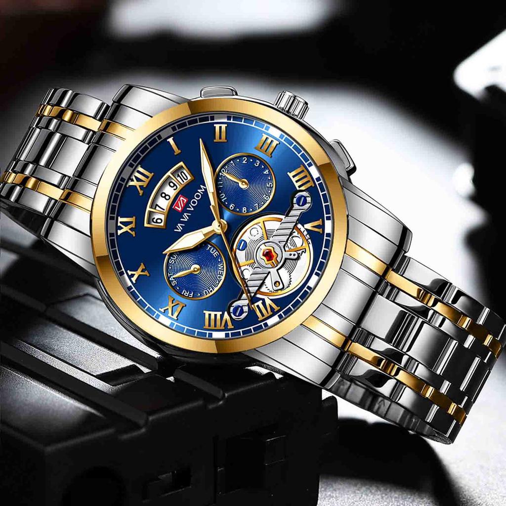 Men's Stainless Steel Tourbillon Watch Men's Student Quartz Watch Business Calendar Waterproof Steel Strap Watch Large Dial