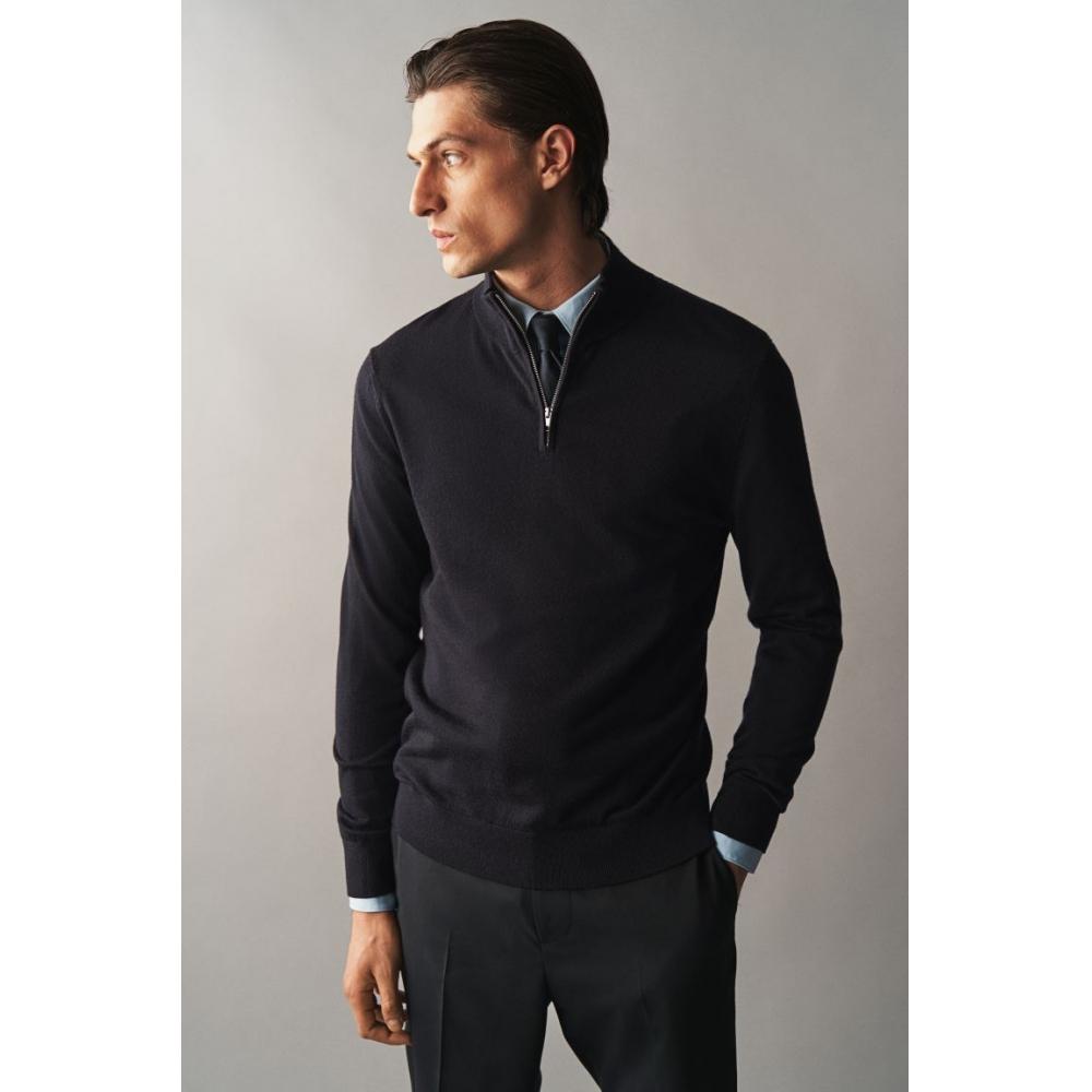 

Свитер HM slimM Fit из мериносовой шерсти на молнии, темно-синий XS