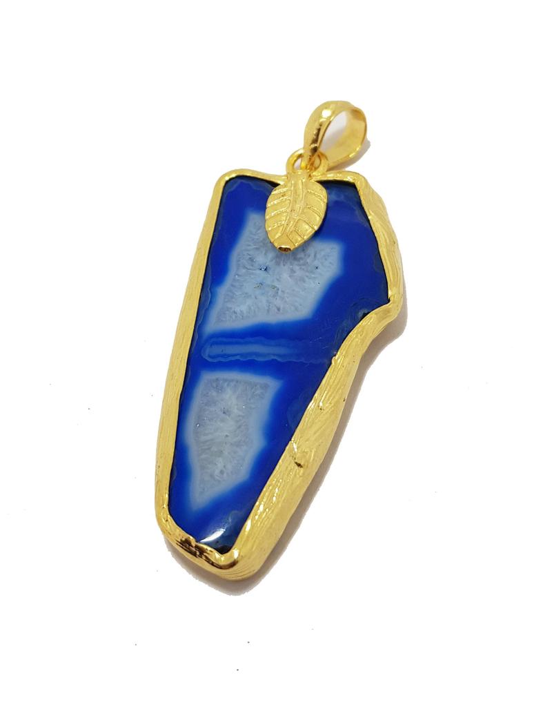 Breezing Bird ## Blue Agate Slice Agate Jewelry, Bohemian Jewelry Gift For Her, Natural Druzy Agate Quartz Pendant, Blue Agate Druzy Pendant