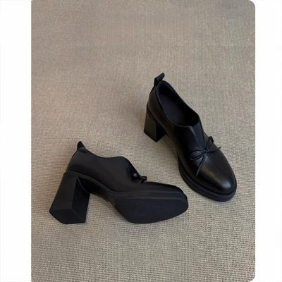 High Heels Are Not Tired of Feet~ Round Head Bow Single Shoes Women's One-pedal Loafers Thick Heel Small Leather Shoes