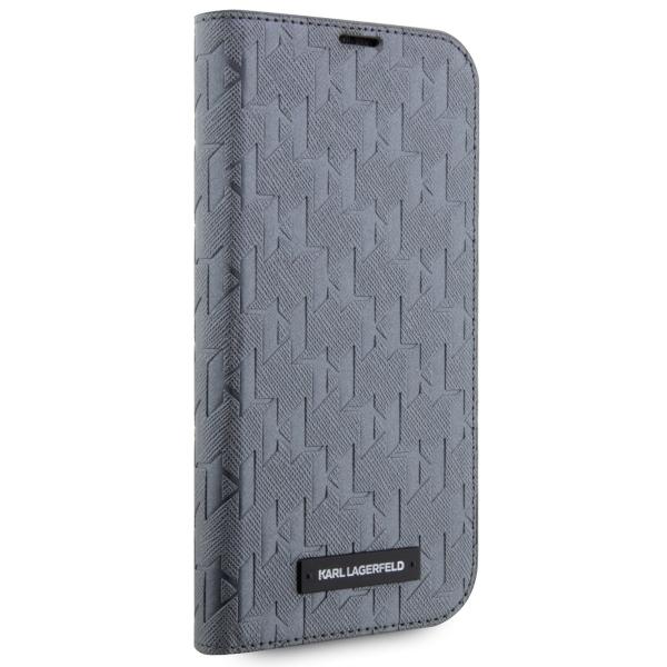 Etui z klapką do iPhone 14 Pro Karl Lagerfeld Saffiano Monogram Srebrny
