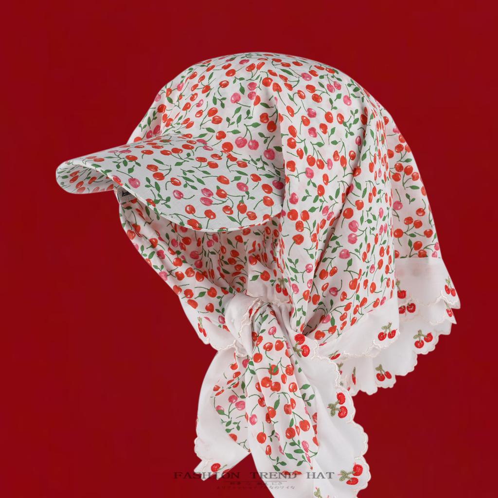 Pastoral Style Cherry Print Bandage Baseball Cap for Women Summer Thin Breathable Triangle Scarf Sun Protection Hat