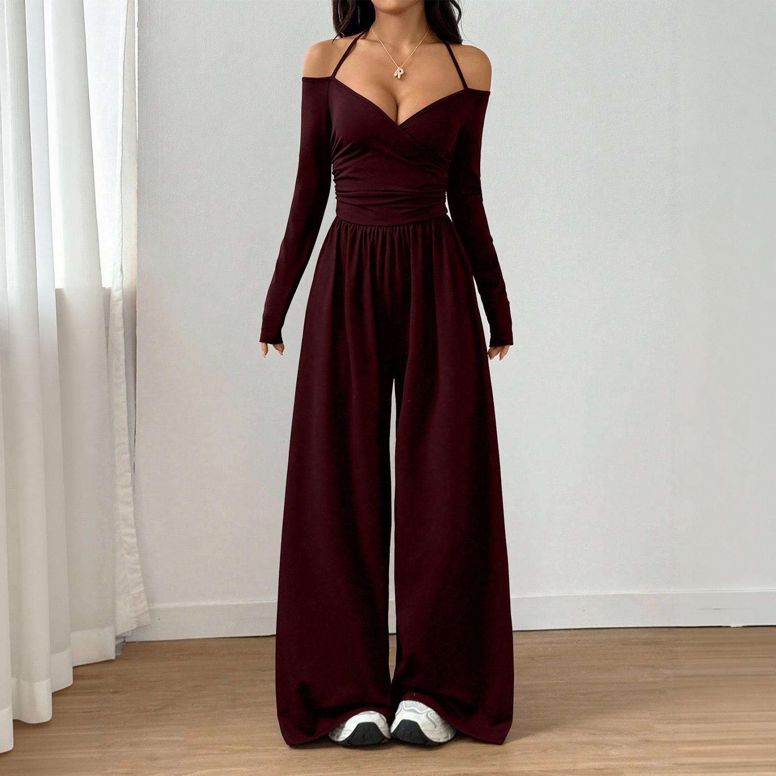 Damen Farbe V-Ausschnitt Langarm Jumpsuit mit weitem Bein und Taillengürtel XXL weinrot
