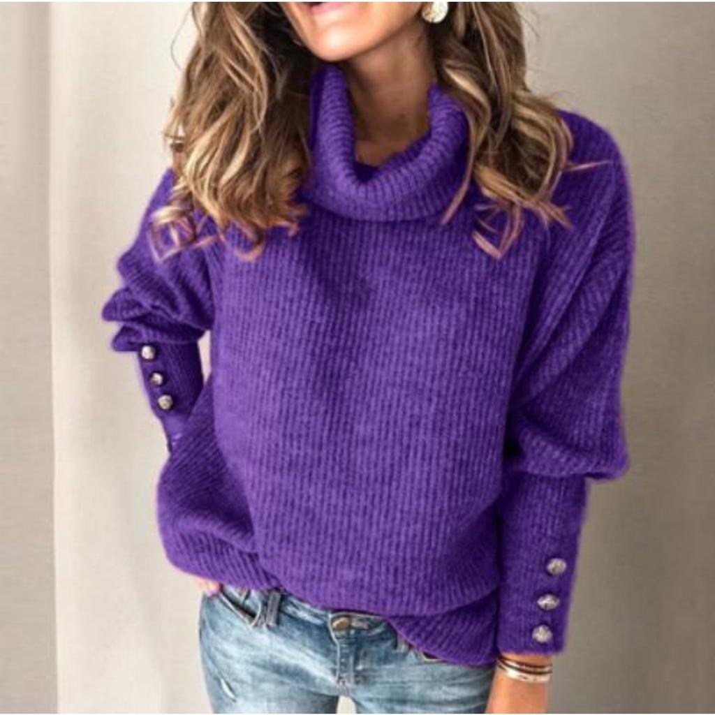 Women's Turtleneck Ribbed Knit Sweater Long Sleeve Button Cuff Loose Casual Solid Color Pullover Top