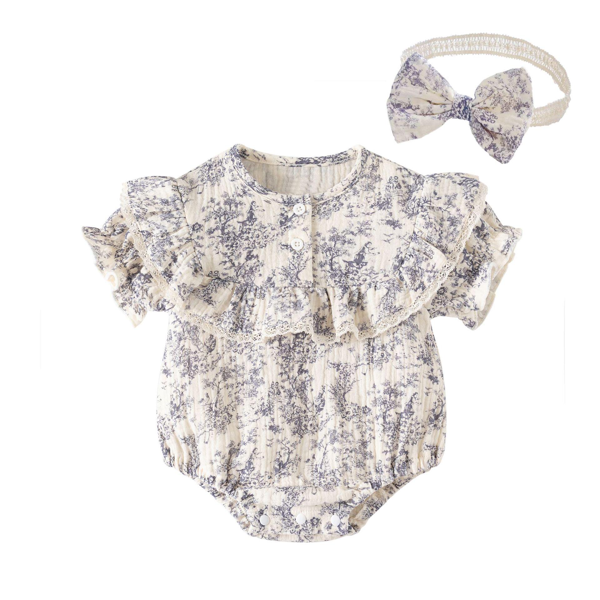 

Новый летний хлопковый ромпер для девочки - стиль китайской живописи тушью, класс А, боди для младенца с коротким рукавом 90cm