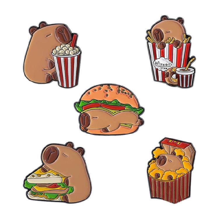 

5PCS Alloy Capybaras Hamburger Fries Enamel Pins Cartoon Designs Metal Badges for Styles and Long Time Use 1