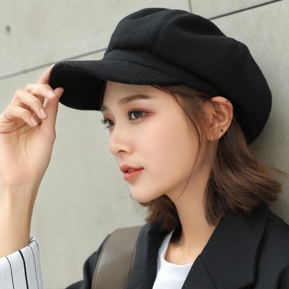 Solid Color British Berets Ear Protection Artist Hat Elegant Woolen Octagonal Hat  Girl