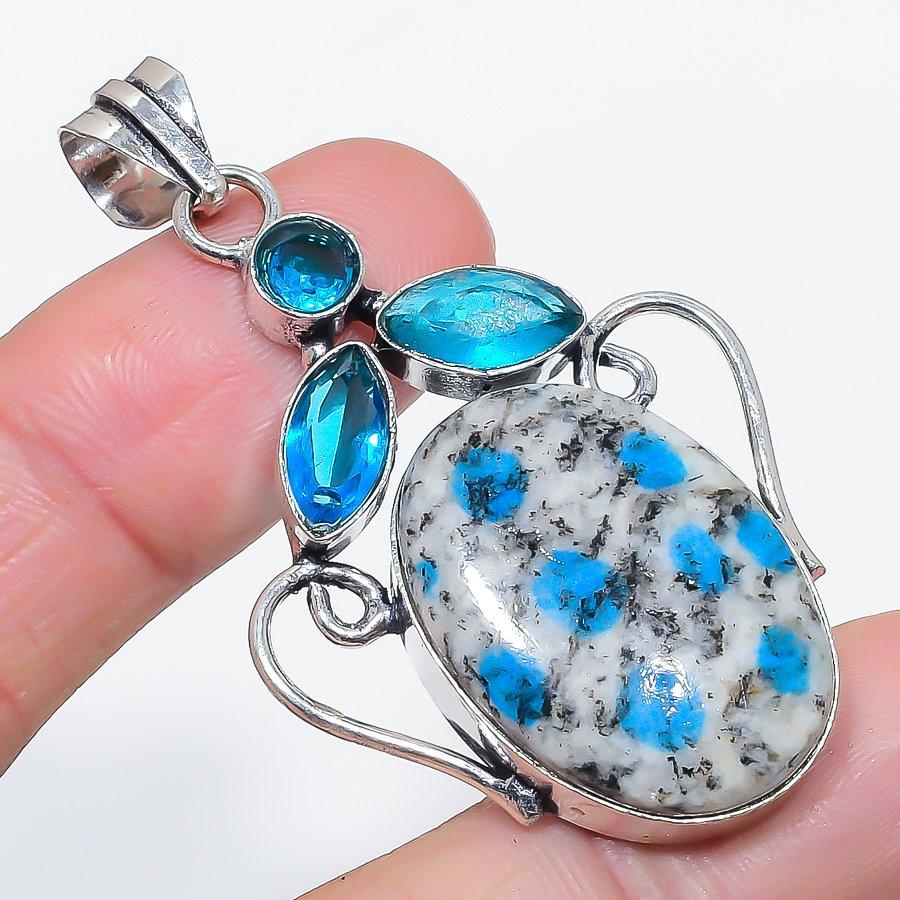 Natural K2 Blue Azurite, Topaz 925 Sterling Silver Jewelry Pendant 2.29" c8z34