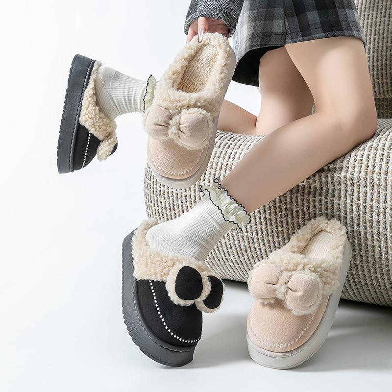 Bow head cotton slippers home warm cotton drag autumn and winter couple fashion plush cotton slippers