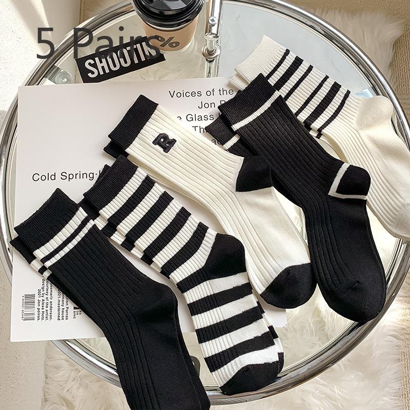 5 Pairs of Trendy and Versatile Solid Color Mid-length Stockings with High Appearance Level for Autumn and Winter Sports and Anti-odor Stacking Socks