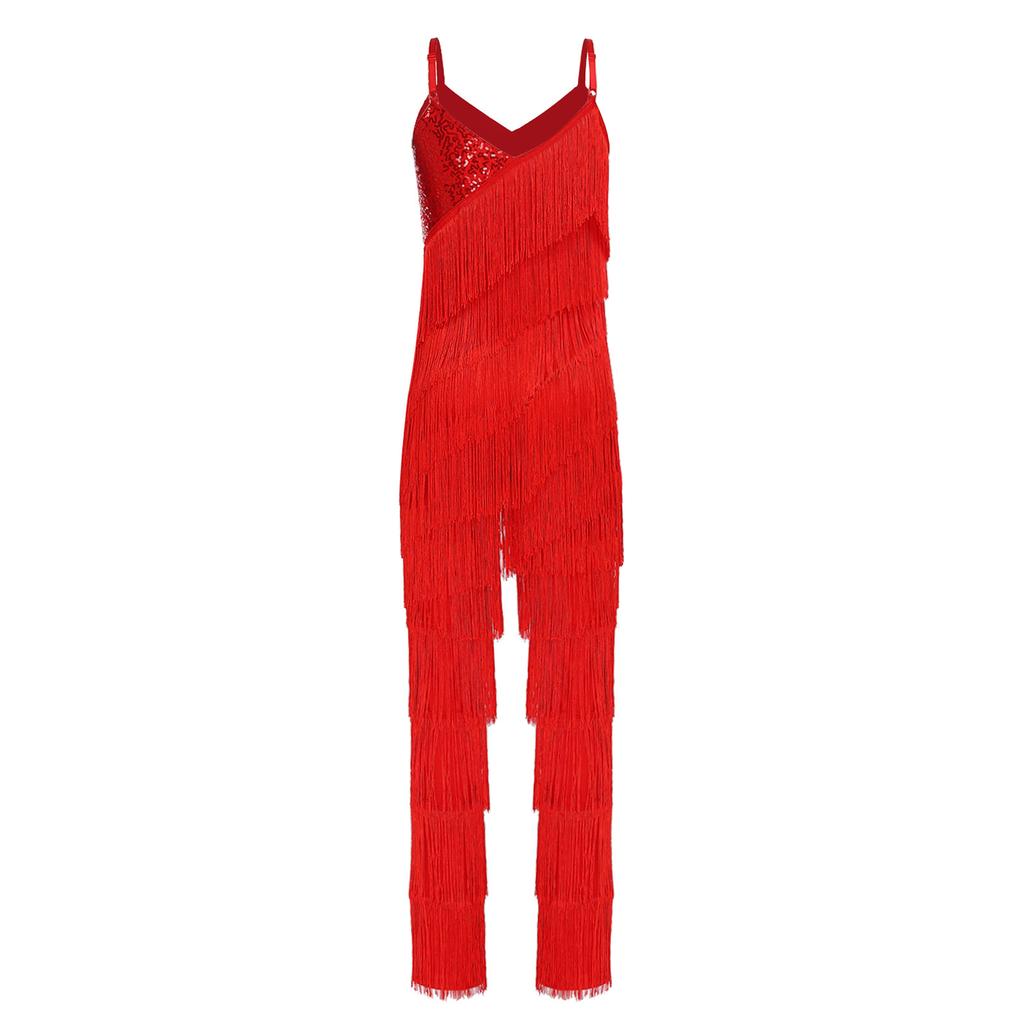 Women’s Ballroom Latin Bodysuit S-XXL Shiny Sequin Tiered Fringe Cami Jumpsuit Long Pants Unitard for Salsa Cha-Cha Tango Performance