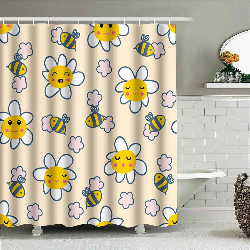 12-Inch Shower Curtain Featuring Cute Bee Flower Print For Bathroom Decor Waterproof Fabric Home Supplies White Blue Yellow Pink